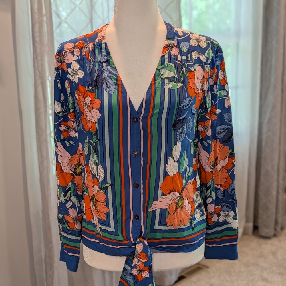 Anthropologie Maeve Elan Scarf-Printed‎ Blouse in Blue Motif Sz 2